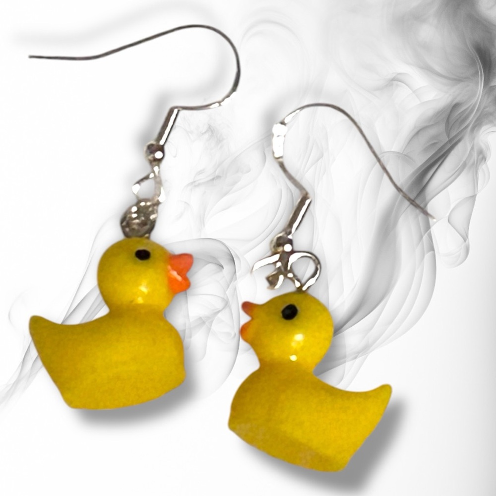 Hand Crafted Earrings Ducks Yellow Orange Resin Dangle Long Pierced